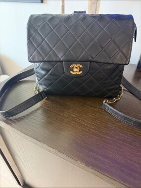 CHANEL Black Quilted Leather Vintage Backpack with Gold Hardware